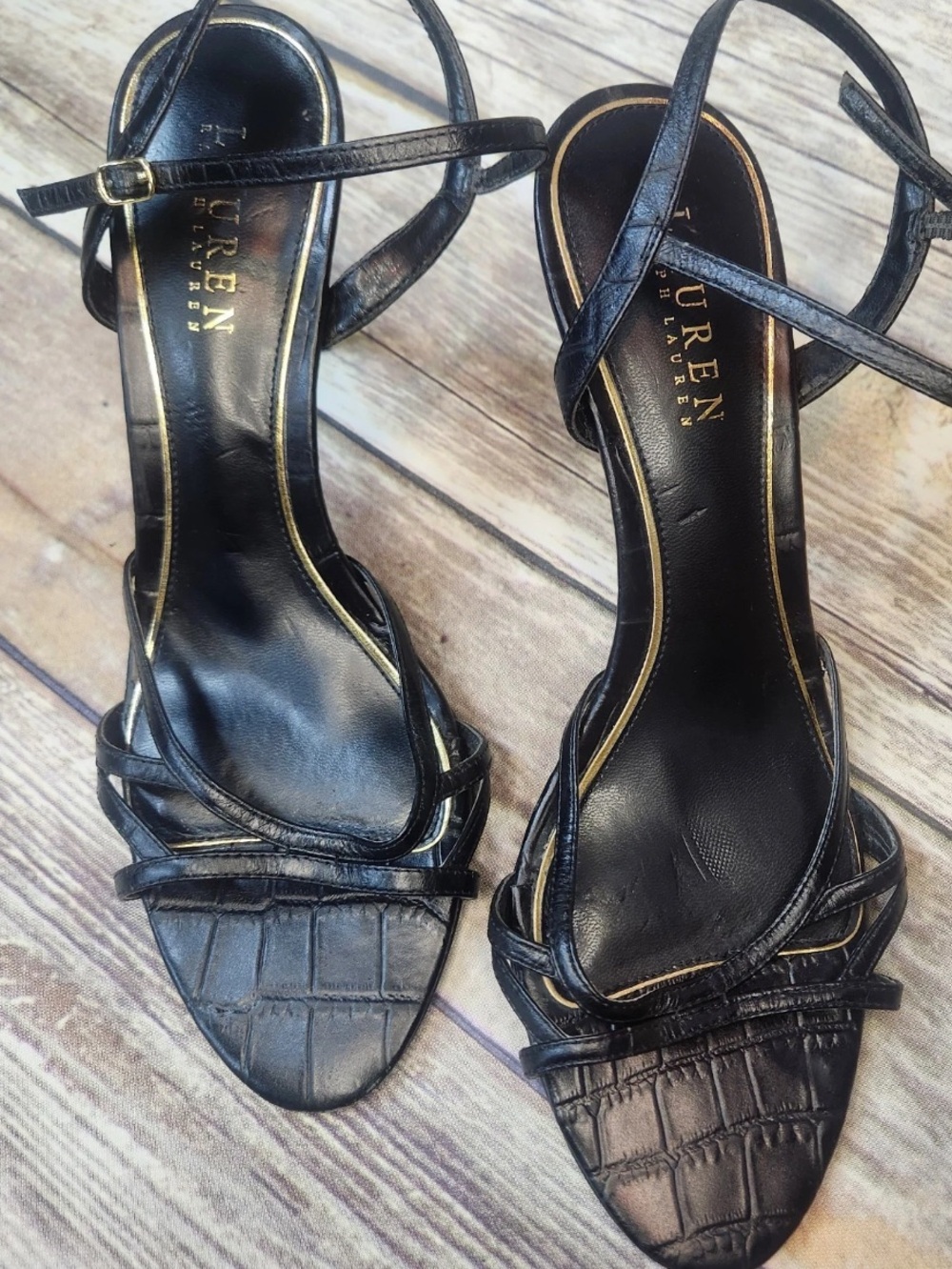 Lauren Ralph Lauren Black Croc-Embossed Strappy Heeled Sandals